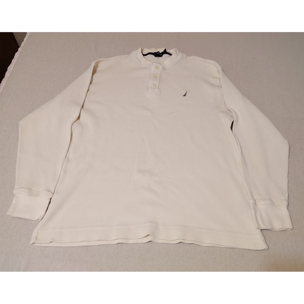 Nautica Long Sleeve Waffle Knit Thermal Shirt White Mens XL Nautical Logo YY